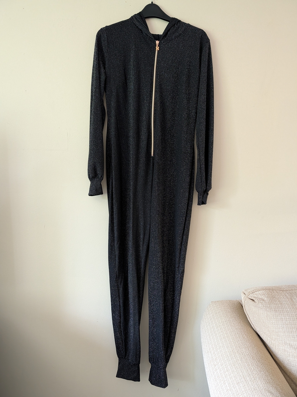 Savage x Fenty Jumpsuit size M Black Glitter Hooded Loungewear zip Up Stretch